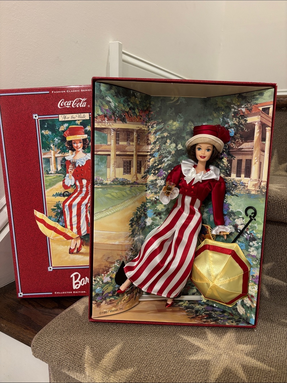 Coca Cola Red and White Striped Collector Doll with Gold Umbrella
